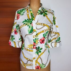NY&Co Size M Shirt Button Down V-Neck 3/4 Sleeve Cotton Stretch Floral Chains